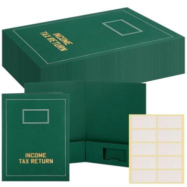 Imagem de Kisston 25 Pastas de declaração de imposto de renda a granel, 2 bolsos, folhas douradas, estampadas, com etiquetas em branco, organizador de arquivo comercial (verde)