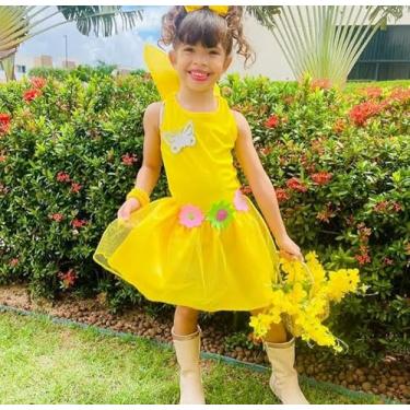 Imagem de Fantasia Infantil Amarela de Fada, Vestido amarelo com Flores, Traje de Carnaval e primavera para Meninas Tam 6 anos