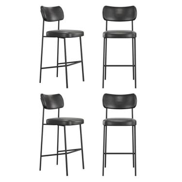 Imagem de Kit 04 Banquetas Altas Para Cozinha Lila Estofada Com Encosto Couríssimo Preto - Desk Design