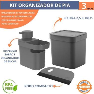 Imagem de Kit Pia Cozinha 3 Peças Trium OU Lixeira 2,5L Dispenser Detergente Rod