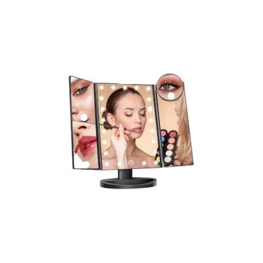 Imagem de Espelho de Maquiagem Triplo LED, Dobrável, Branco, Plástico ABS, 31,5x13,5x18,5cm, Rotação 180°, com Iluminação Ajustável, USB, 3 Painéis com Ampliação 2x e 3x
