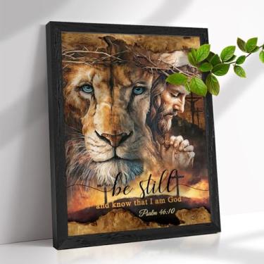 Imagem de Quadro Cristão Jesus e Leão Arte de Parede Verso da Bíblia Religiosa Decoração de Parede Tela para Escritório em Casa Quarto Sala de Estar Igreja Presentes Cristãos (Emoldurado, 30,5 x 40,6 cm)