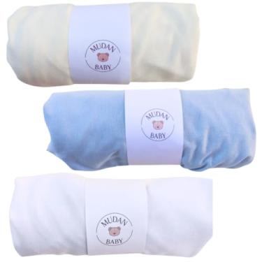 Imagem de Kit 3 Lençol Avulso Malha 100% Algodão Elástico Total Berço Americano Hipoalergenico (Palha-Branco-Azul)