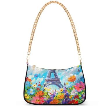 Imagem de Xray Flowers Bolsa moderna fantasia Hobo Party Clutch feminina designer bolsa de mão corrente pequena bolsa de ombro, Pintura de flor colorida da Torre Eiffel