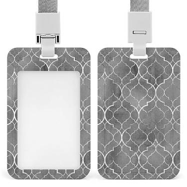 Imagem de Azulejos marroquinos prateados sem costura com linhas geométricas douradas porta-crachá de identificação com cordão, suporte de cartão de plástico com clipe de pressão removível para estudante