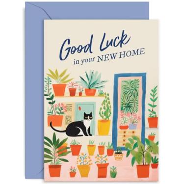Imagem de Old English Co. Cartão Good Luck In Your New Home para casal - Gato e plantas de casa design peculiar para ele ou ela - Cartão de inauguração de casa - Cartão de mudança para ele ou ela | Em branco