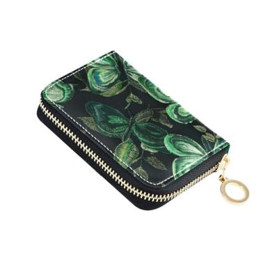 Imagem de Carteiras de cartão de crédito com bloqueio de RFID, carteira feminina de couro masculina com bolso para moedas, preto, verde, borboletas, folha, preto
