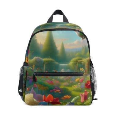 Imagem de GAIGEO Spring Hummingbird Gnome Kids School Backpack with Whistle, 2 Bottle Pockets, Lightweight, Travel Backpack for Kids 10x4x12 In, for Ages 3-8