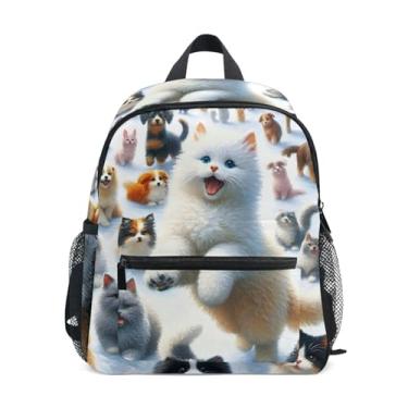 Imagem de GAIGEO Cute Dog Cat Winter Animals Mini Toddler Backpack 10x4x12 In, Toddler Boys Backpack with Water Bottle Pockets, Whistle Buckle