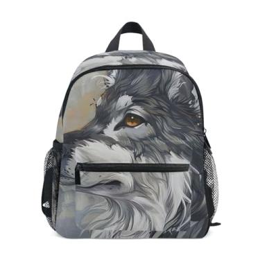 Imagem de GAIGEO Wolf Print Gray Small Toddler Backpack 10x4x12 In, Toddler Boys Backpack with Water Bottle Pockets, Whistle Buckle