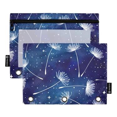 Imagem de GAIGEO Blue Space — Bolsa para lápis floral de dente-de-leão com 3 anéis, fichário com zíper, pastas para trabalho, escola, bolsos transparentes, armazenamento de 25 x 18 cm, 2 pacotes
