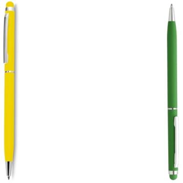 Imagem de Caneta esferográfica de metal escrita em azul, com ponta touch com corpo emborrachado Anotações modernas (Amarelo e Verde)