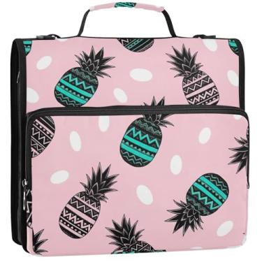 Imagem de Pasta organizadora de 3 anéis de 3 argolas tropicais resistentes com zíper de folha de abacaxi bolsa organizadora de fichários escolares com alça de ombro divertida para portfólio comporta 500 lençóis