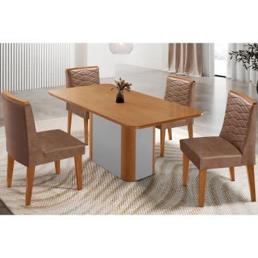 Imagem de Sala Jantar Mesa Pietá Tampo Curvo 120cm+4 Cadeiras Maldivas Madeira Naturale/Off White - Capuccino/Corano Capuccino - Rufato