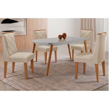 Imagem de Sala Jantar Mesa Havana Tampo c/ Vidro Curvo 120cm+4 Cadeiras Pietá Madeira Naturale/Off White - Capuccino/Suede Creme - Rufato