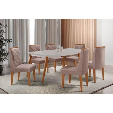 Imagem de Sala Jantar Mesa Havana Tampo c/ Vidro Curvo 180cm+6 Cadeiras Pietá Madeira Naturale/Off White - Capuccino/Linho Capuccino - Rufato