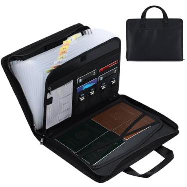Imagem de Pomodee Organizador de arquivos sanfonado à prova de fogo, pastas de arquivos portáteis com zíper e alça, organizador de documentos com vários bolsos para arquivos de letras A4, 13 bolsos pretos
