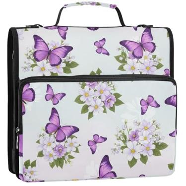 Imagem de 3 fichários de tecido, 3 anéis, anel D, borboletas, roxas, flores, fichário, organizador de zíper, estojo de armazenamento com alça para fichário escolar com alça de ombro, 34,5 x 31,5 x 9 cm