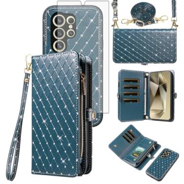 Imagem de Capa de celular para Samsung Galaxy S24 Ultra 5G Carteira com zíper destacável com protetor de tela de vidro temperado, alça flip com glitter, compartimento para cartão S24Ultra 24S S 24 24Ultra