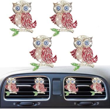 Imagem de 4 peças de cristal brilhante fofo coruja na árvore clipes de saída de ar do carro, tomada de ar condicionado automático strass, pingente difusor de aromatizador, acessório de decoração de interiores