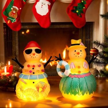 Imagem de Bucherry 2 peças de estatuetas de boneco de neve de praia de Natal com luz de resina de Natal decorações de boneco de neve costeiro centros de mesa de Natal para casa 8,5 cm x 9,5 cm x 14 cm