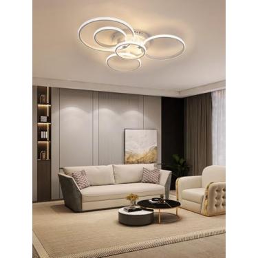 Imagem de Luminária de teto LED moderna, redonda, com intensidade regulável e controle remoto, em acrílico, com design econômico para iluminação de sala de jantar, quarto e cozinha (branca, 5 anéis).
