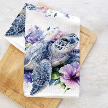 Imagem de Toalhas de cozinha de tartaruga em aquarela, panos de prato de flores para lavar pratos de cozinha, toalha de mão para casa de banho, toalha de chá decorativa de microfibra macia, presentes de