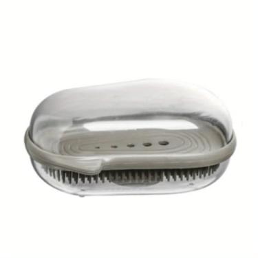 Imagem de Caixa de sabão de camada dupla para banheiro com escovas multifuncional escova de limpeza suporte de sabão de drenagem bandeja mantém sabão seco (preto)