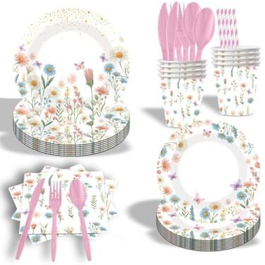Imagem de 270 peças de artigos de festa de flores silvestres servem 30, conjunto de pratos e guardanapos de papel Glazeal com utensílios de mesa descartáveis de plástico para chá de bebê, chá de panela