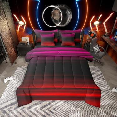 Imagem de Erosebridal Conjunto de cama de 7 peças, arte abstrata, solteiro, gradiente, com lençóis, listras, geométricas, modernas, estampa 3D em uma bolsa, preto e vermelho