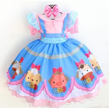 Imagem de Vestido Festa Infantil Fazendinha Safari Rosa Luxo e Tiara - Pingo De 