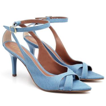 Imagem de Sandália Salto Médio Feminina Bico Folha Jeans Delave - Ella'S, 37, Fe