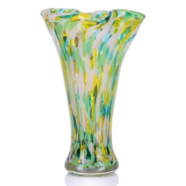 Imagem de Vaso de vidro soprado à mão para flores, vaso de vidro verde estilo murano, vaso decorativo colorido de boca larga para centros de mesa, decoração de casa, sala de estar, mesa de jantar, estante de