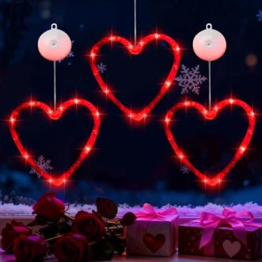 Imagem de Artmag 3 peças de decoração de luzes de janela do dia dos namorados com temporizador, silhueta em forma de coração, alimentada por bateria, lâmpada LED pendurada para amantes do dia dos namorados