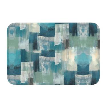 Imagem de Jbofyee Tapete de banho geométrico moderno cinza turquesa 61 x 40 cm antiderrapante microfibra macia tapete de banheiro lavável, tapete de entrada abstrato azul-petróleo cinza decoração para banheira