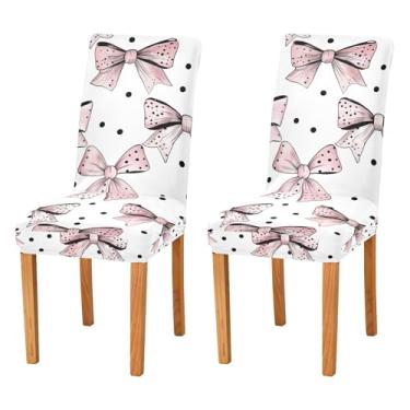 Imagem de SEHANY Conjunto de 4 capas de cadeira com laço de bolinhas rosa para sala de jantar, elástico, removível e lavável, para cozinha, hotel, festa, Natal