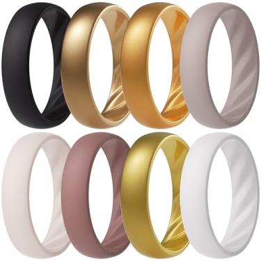 Imagem de ThunderFit Alianças de casamento de silicone para mulheres, anéis de compromisso com ranhuras onduladas elegantes, 6 mm de largura, 2 mm de espessura, respirável, anéis de noivado femininos de