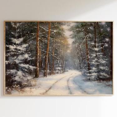 Imagem de Pintura de floresta de inverno, impressão de paisagem de neve, árvore de sol, arte em tela, vintage, imagens de inverno, pôster de floresta nevada, pinheiro, arte de parede, vintage, pintura de neve