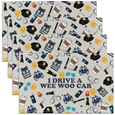 Imagem de Tapete com tema de polícia, jogo americano de carro de polícia, crianças, meninas, meninos, adultos, desenho animado, policial moderno, cinza, azul marinho, decoração de mesa de jantar, 30 x 45 cm