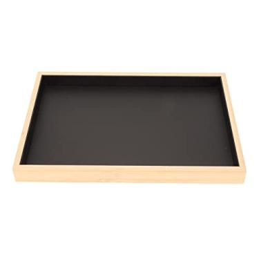 Imagem de Bandeja de joias plana empilhável, couro premium, organizador de exibição de joias para brincos, colares, pulseiras, madeira preta, 14 x 9,6 x 1,2 pol.