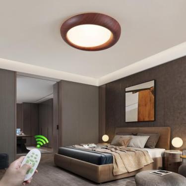 Imagem de Luminária de teto LED redonda de madeira com intensidade regulável, controle remoto, 48W, temperatura de cor de 3000K a 6500K, com função de luz noturna, ideal para sala de estar, quarto e s