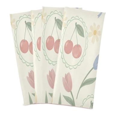 Imagem de Wassud Toalhas de prato de cozinha cerejas florais pastel pacote com 4 panos de prato macios com laço para pendurar toalha de mão de secagem rápida super absorvente toalhas de chá de mesa decorativas