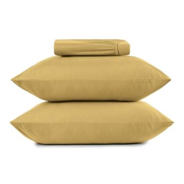 Imagem de Jogo de Cama Simples Malha Fio Penteado 100% Algodão - Amarelo Mostarda - Queen