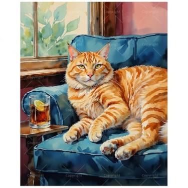 Imagem de Kit de pintura animal por números para adultos – DIY gato malhado laranja descansando no sofá azul pintura em tela, conjunto de tinta acrílica, adequado para iniciantes, arte para decoração de casa ou