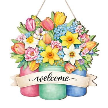 Imagem de HEYINSHEN Guirlanda de flores de boas-vindas de madeira para porta da frente, guirlandas de flores rosa de boas-vindas, flores coloridas, guirlandas, sinal de boas-vindas rústico, para primavera