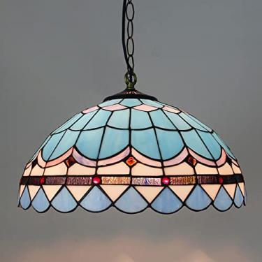 Imagem de Lustre estilo Tiffany de 40 cm (16 polegadas), luminária pendente vintage feita à mão em vitral, altura ajustável, lâmpada de teto LED E27 para decoração de sala de estar, quarto e sala de j