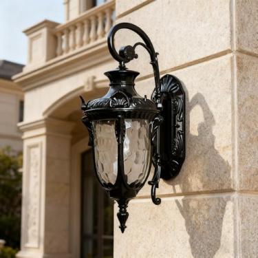 Imagem de Luminária de parede externa retrô europeia, vintage em alumínio fundido preto com cúpula de vidro texturizado, ideal para varanda/pátio/jardim (BD-23)
