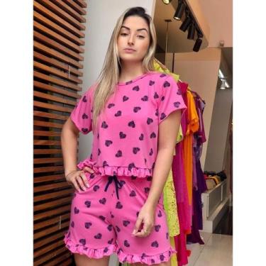 Imagem de Pijama Feminino Manga Curta Com Babado Estampado Baby Doll - NoBrand, 