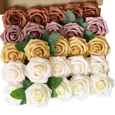 Imagem de Exoment 25 peças de flores artificiais de espuma roxa rosa toque real rosas flores cabeças de flores com haste para buquês de casamento DIY arranjos de centro de mesa arranjos festa chá de bebê