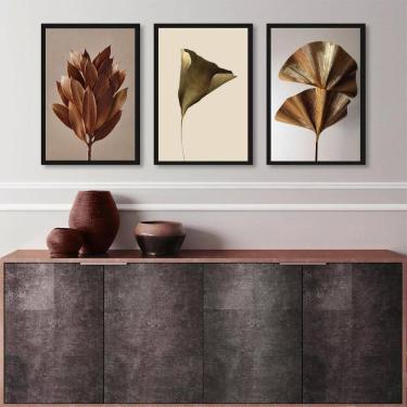 Imagem de Kit 3 Quadros Elegantes Flores Marrom E Dourado 24X18Cm